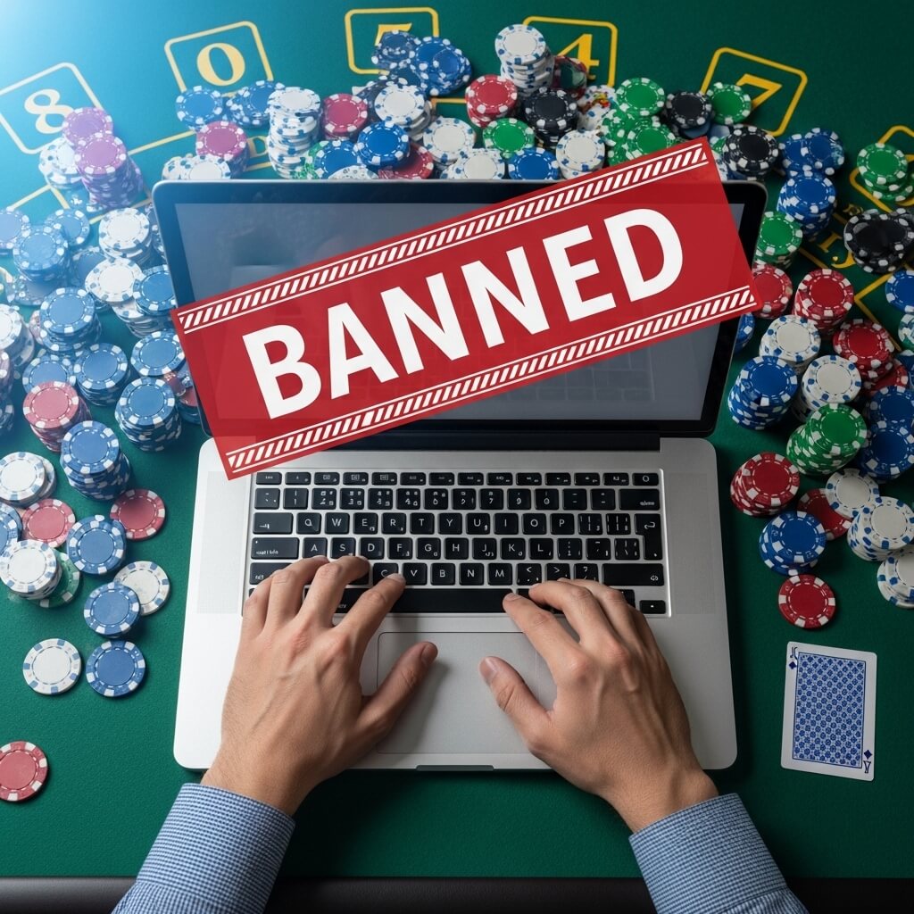 A person at a green felt casino table has been banned from an online gambling site, illustrated by a large red 'BANNED' notice on their laptop screen, which is surrounded by piles of casino chips.